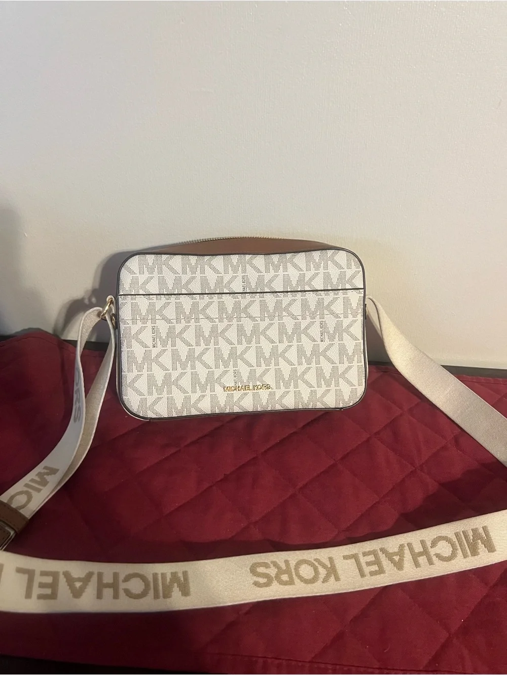 Michael Kors White Logo Messenger Crossbody with Gold Accents